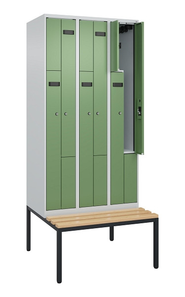 C+P Z-Spind Evolo PLUS, 6 Fächer, 2120x900x815mm, 7035/6011, Zylinderschloss, Material Sitzfläche Buche-Hartholz, Sitzbank, 0490537-306 S10033