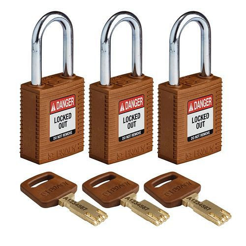 Brady Vorhängeschlösser SafeKey, Stahlbügel, VE: 3 Stück, lichte Bügelhöhe 38,10 mm, braun, 311876