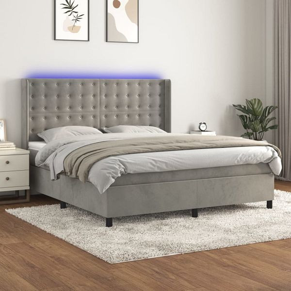 vidaXL Boxspringbett mit Matratze & LED Hellgrau 180x200 cm Samt, 3139817