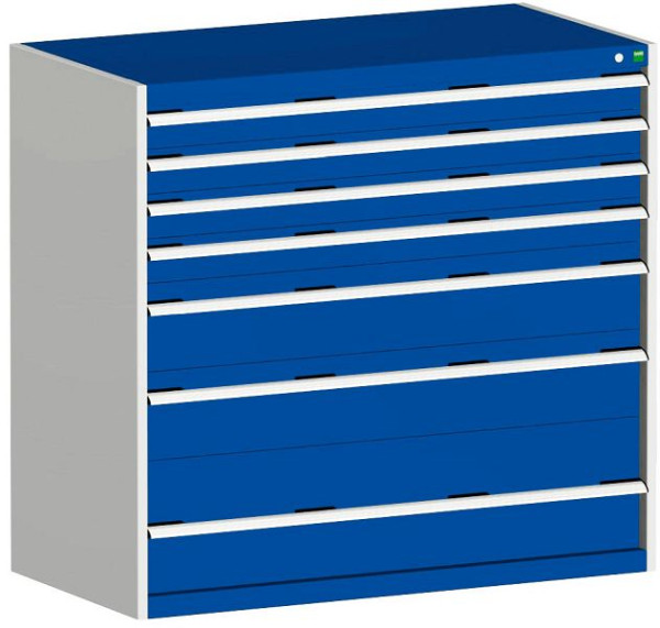 bott cubio Schubladenschrank bestückt mit 7 Schwerlastschubladen BxTxH: 1300 x 650 x 1200 mm, RAL 7035/5010, 40022128.11V