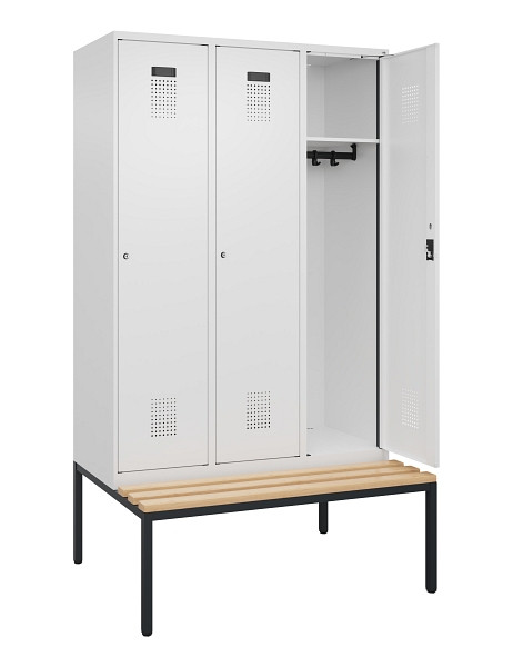 C+P Spind Evolo PLUS, 3 Abteile, 2120x1200x815mm, 9016/9016, Haken 4, Zylinderschloss, Sitzfläche Buche-Hartholz, Sitzbank, 0490507-32 S10047