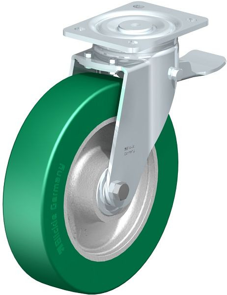 Blickle LH-GST 250K-ST Stahlblech-Lenkrolle, Schwerlast-Ausführung, mit Anschraubplatte & Feststeller, Blickle Softhane®, Grün, 852395