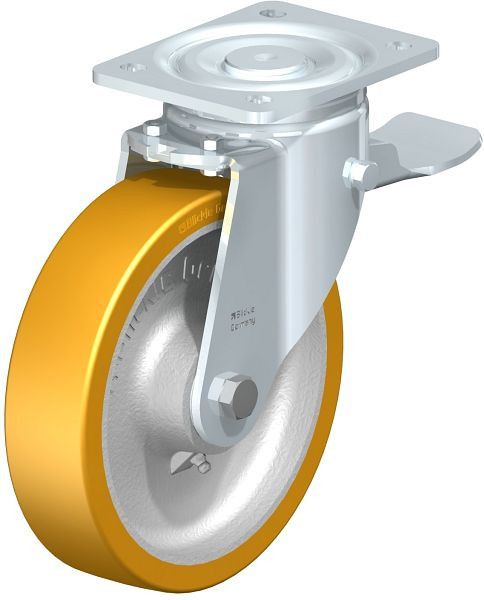 Blickle LH-GTH 200K-ST Stahlblech-Lenkrolle, Schwerlast-Ausführung, mit Anschraubplatte & Feststeller, Blickle Extrathane®, Hellbraun, 295014