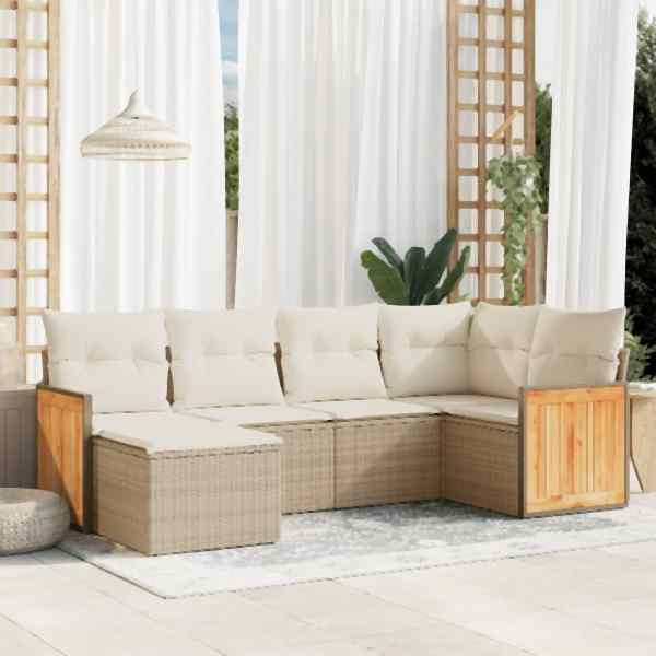 vidaXL 6-tlg. Garten-Sofagarnitur mit Kissen Beige Poly Rattan, UV-beständig, 3227857