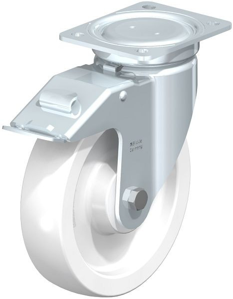 Blickle LU-SPO 200G-FI Stahlblech-Lenkrolle, schwere, geschlossene Ausführung, mit Anschraubplatte & Feststeller, Polyamid, Weiß, 755144