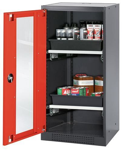 asecos Chemikalienschrank Systema-T CS-52LG, Korpus anthrazit, Flügeltüren rot, 2 Tablarauszüge, 208672