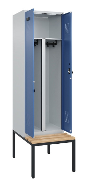 C+P PSA Doppel-Spind Evolo PLUS, Bank, 2 Abteile, 2120x600x815mm, 7035/5023, Drehriegel, Sitzfläche Buche-Hartholz, Sitzbank, 0490527-20P S10008