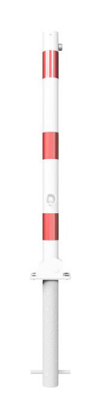 Schake Absperrpfosten Typ 460FUHB+1 umlegbar, Dreikantverschluss, Einbetonieren, Ø 60mm, feuerverzinkt, weiß mit roten Streifen, mit 1 Öse, 460FUHB+1