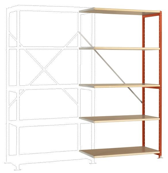 Manuflex Mittelschweres Fachboden-Steckregal Anbauregal mit 5 Holzverbundböden, HxBxT = 2000 x 1000 x 300 mm, rotorange, RP1105.2001