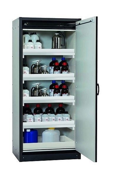 asecos Sicherheitsschrank Q-CLASSIC-30, Q30.195.086.WDR in enzianblau RAL 5010 mit 4x Wannenboden Standard (Polypropylen), 31009-067-30052