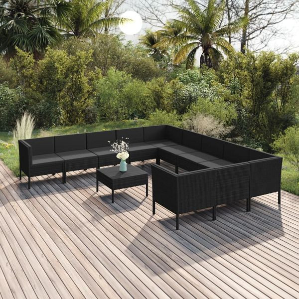 vidaXL 12-teilig Garten-Lounge-Set mit Auflagen Poly Rattan Schwarz, 3094501