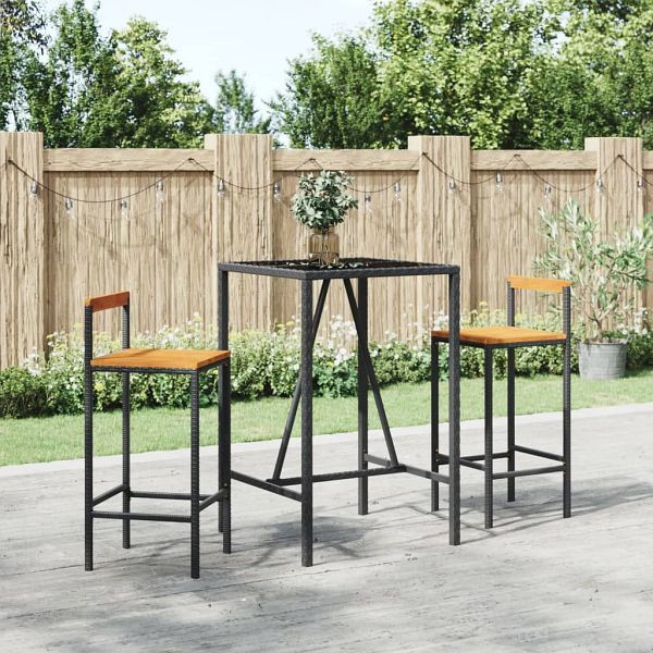 vidaXL 3-teilig Gartenbar-Set Schwarz Poly Rattan & Massivholz Akazie, 3187690