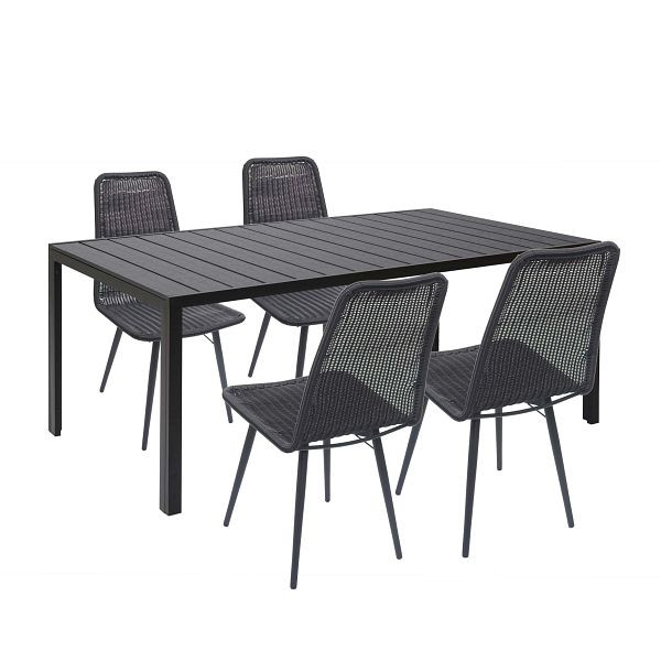 Mendler Gartengarnitur HWC-F90, Sitzgruppe Balkon-/Lounge-Set, WPC-Tischplatte 4xPoly-Rattan Stuhl+Tisch 160x90cm, schwarz, 77067+2x70600