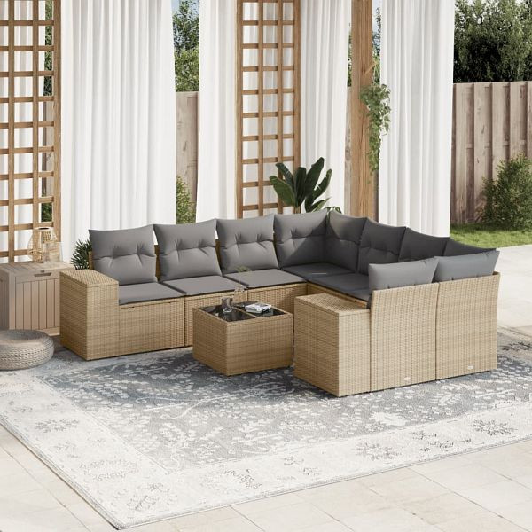 vidaXL 9-teilig Garten-Sofagarnitur mit Kissen Beige Poly Rattan, 3254696