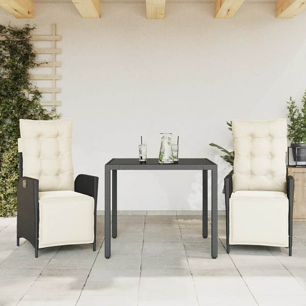 vidaXL 3-tlg. Garten-Essgruppe mit Kissen Schwarz Poly Rattan, UV-beständig, 3213314