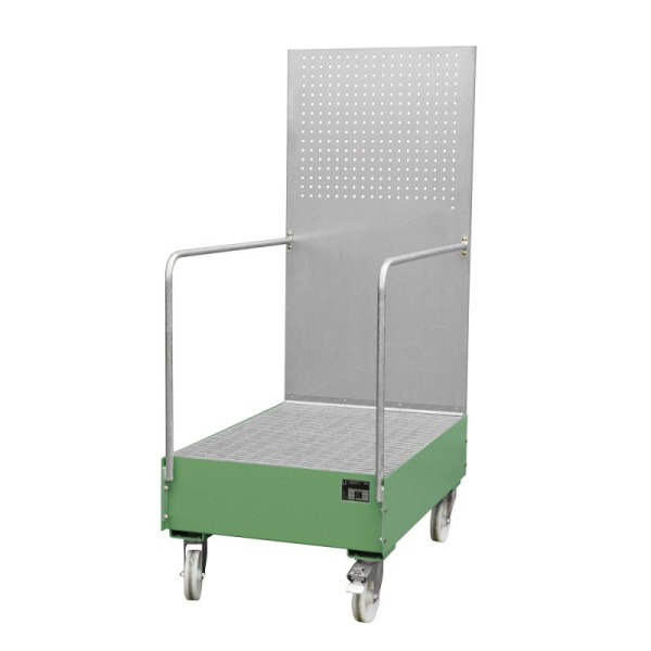 STEIN HGS Fahrbare Auffangwanne mit Lochplattenwand LPW, 215 Liter, RAL 6011 resedagrün, Höhe 2015mm, lackiert, 2x200 Liter Fass, Breite 800mm, 79205.0016