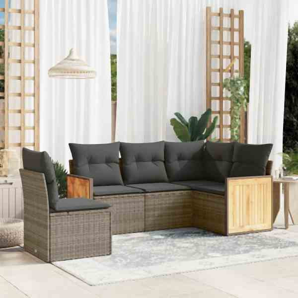 vidaXL 5-tlg. Garten-Sofagarnitur mit Kissen Grau Poly Rattan, UV-beständig, 3260058