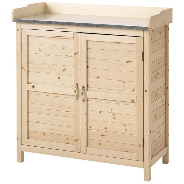 Outsunny Gartenschrank mit 2 Fächern, Metall-Arbeitsplatte mit Aufkantung, Naturholz, 83 x 40 x 92 cm, 84B-629