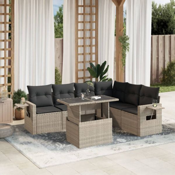 vidaXL 7-tlg. Garten-Sofagarnitur mit Kissen Hellgrau Poly Rattan, 3267932