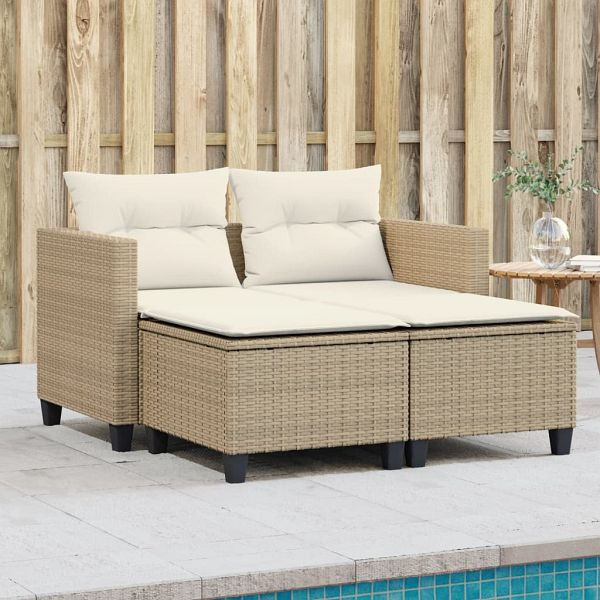 vidaXL Gartensofa 2-Sitzer mit Hockern Beige Poly Rattan, 365794