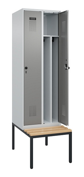 C+P Spind Evolo PLUS, 2 Abteile, 2120x600x815mm, 7035/0004, Drehriegel, Sitzfläche Buche-Hartholz, Sitzbank, 0490507-20F S10014