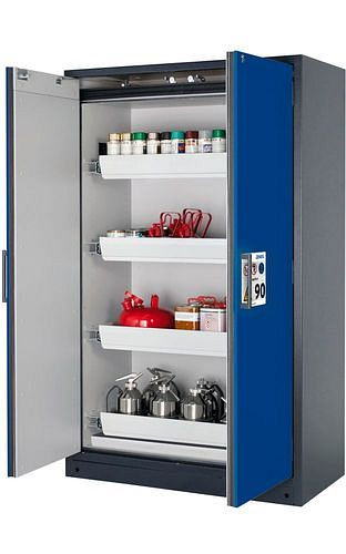 asecos Feuerbeständiger Gefahrstoffschrank Select W-124, 4 Auszugswannen, Türen blau, 201023