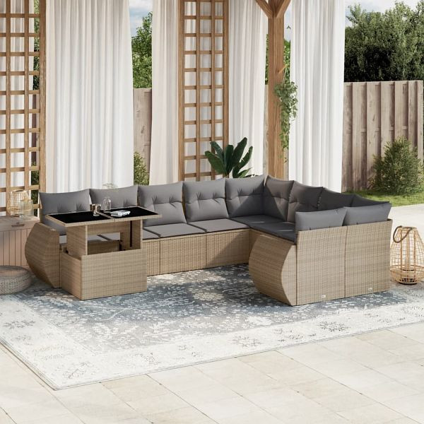 vidaXL 10-teilig Garten-Sofagarnitur mit Kissen Beige Poly Rattan, 3268769
