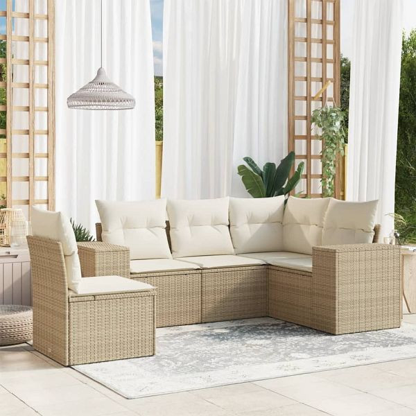 vidaXL 5-teilig Garten-Sofagarnitur mit Kissen Beige Poly Rattan, 3222567