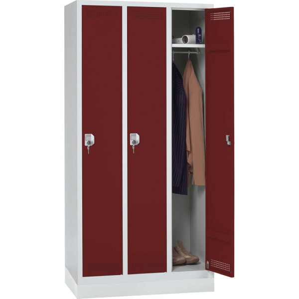 Deskin Garderoben-Stahlspind SP PROFI SYSTEM mit Sockel, 3 Abteile 300 mm, Zylinder, Korpus lichtgrau, Türen rubinrot B 870 x H 1800 x T 500 mm, 225916
