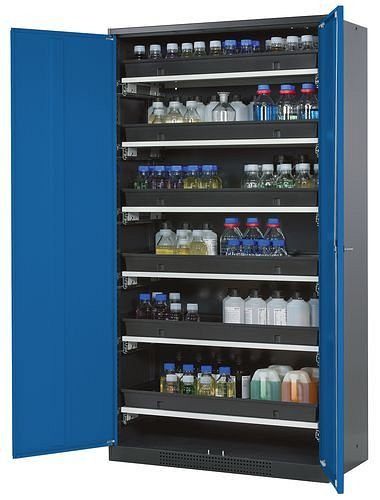 asecos Chemikalienschrank Systema-T CS-106, Korpus anthrazit, Flügeltüren blau, 6 Tablarauszüge, 209089