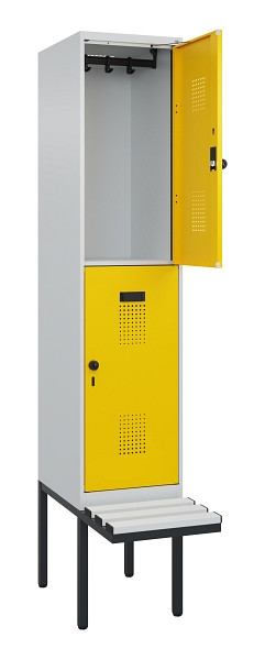 C+P Doppelstock-Spind Evolo PLUS, Bank, 2 Fächer, 2120x400x815mm, 7035/1023, Drehriegel, Sitzfläche Kunststoff, 0493407-12 S10082
