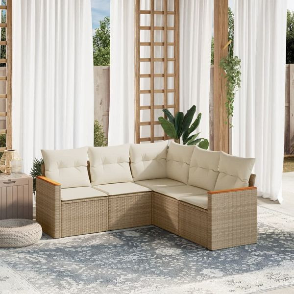 vidaXL 5-teilig Garten-Sofagarnitur mit Kissen Beige Poly Rattan, 3258362
