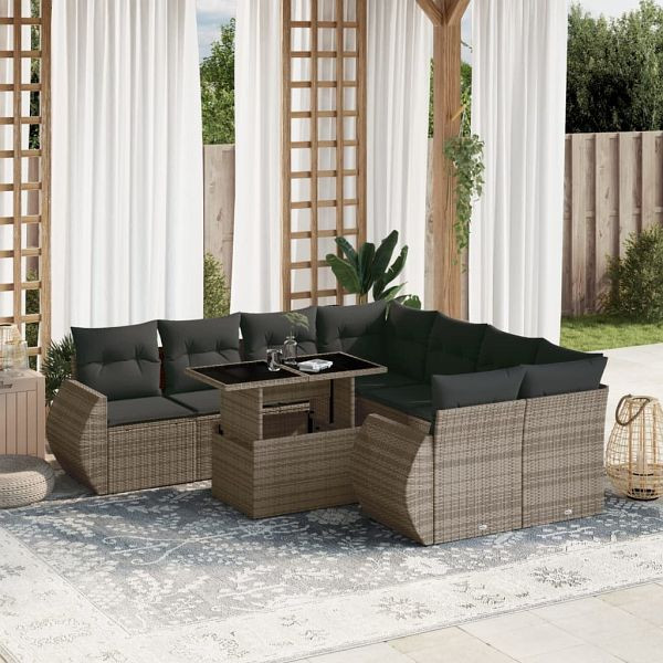 vidaXL 9-teilig Garten-Sofagarnitur mit Kissen Grau Poly Rattan, 3268430