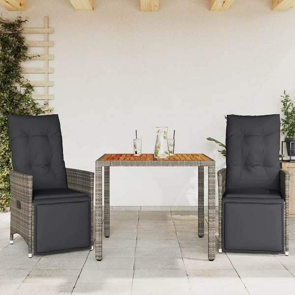 vidaXL 3-tlg. Garten-Bistro-Set mit Kissen Grau Poly Rattan, UV-beständig, 3276885