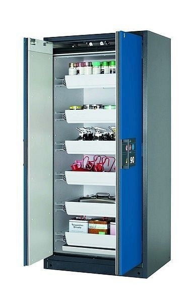 asecos Sicherheitsschrank Q-PEGASUS-90, Q90.195.090.WDAC in enzianblau RAL 5010 mit 6x Auszugswanne Standard (Stahlblech), 30042-047-30055