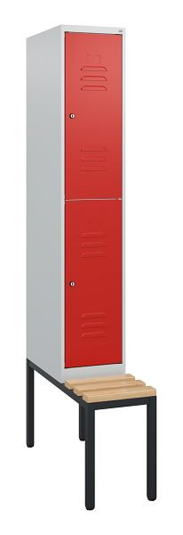C+P Doppelstöckiger Spind Classic PLUS, 1950x300x815mm, 7035/3020, Zylinderschlösser, Sitzleisten aus Buche, mit untergebauter Sitzbank, 0803505-10 S10032