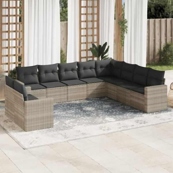 vidaXL 10-tlg. Garten-Sofagarnitur mit Kissen Hellgrau Poly Rattan, 3251509