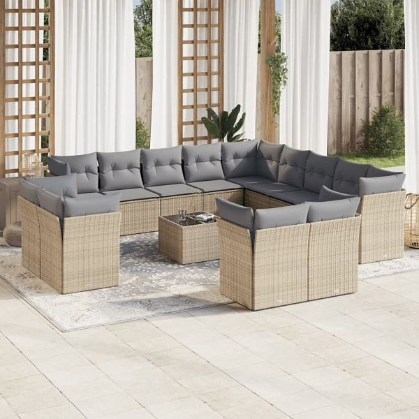 vidaXL 14-tlg. Garten-Sofagarnitur mit Kissen Beige Poly Rattan, 3250398