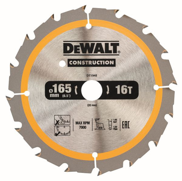 DeWalt Bau-Kreissägeblatt Akku 165/20mm 16WZ, DT1948-QZ
