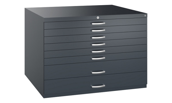 C+P Flachablageschrank Serie 7100_7200, H760xB1100xT765mm, 7016/7016, 2 Schubladenblenden doppelwandig, 7101-200 S10443