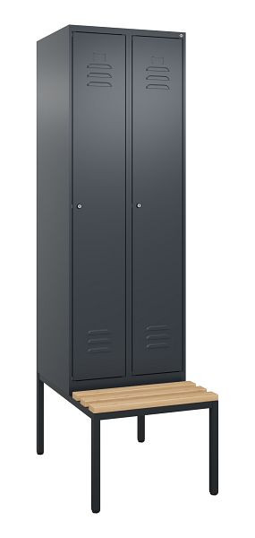 C+P Umkleidespind Classic PLUS, mit untergebauter Sitzbank, 2 Abteile, 2120x600x815mm, 7016/7016, Zylinderschlösser, Buche-Sitzleisten, 0800507-20 S10056