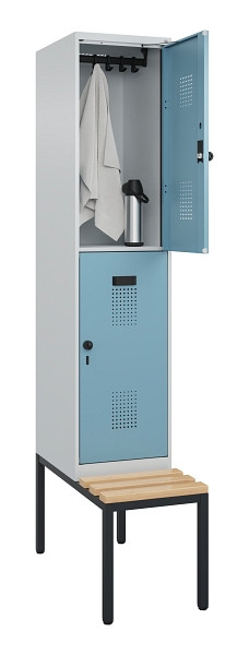 C+P Doppelstock-Spind Evolo PLUS, Bank, 2 Fächer, 2120x400x815mm, 7035/0010, Drehriegel, Sitzfläche Buche-Hartholz, Sitzbank, 0493507-12 S10009