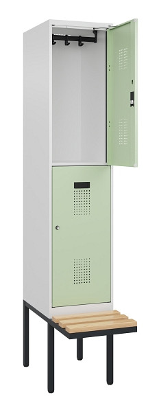 C+P Doppelstock-Spind Evolo PLUS, Bank, 2 Fächer, 2120x400x815mm, 9016/6019, Zylinderschloss, Sitzfläche Buche-Hartholz, 0493407-12 S10046