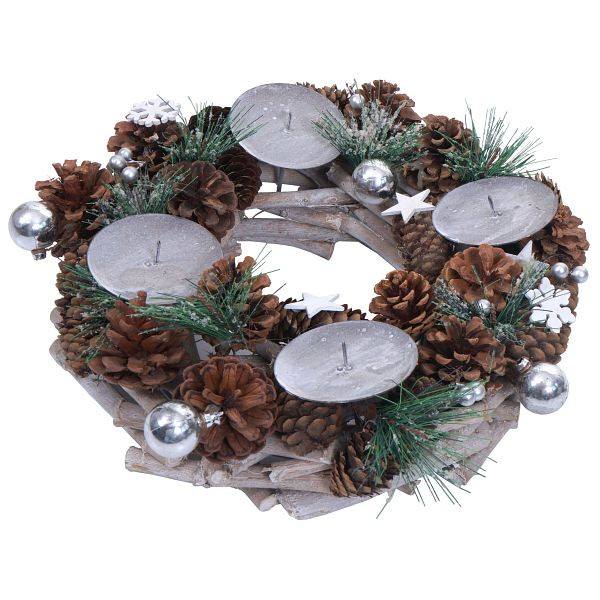 Mendler Adventskranz HWC-M15, Adventsgesteck Tischkranz Weihnachtsdeko Tischdeko, Holz MVG silber Ø 32cm, ohne Kerzen, 103807