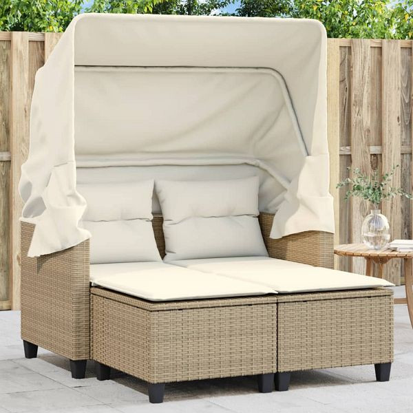 vidaXL Gartensofa 2-Sitzer mit Dach und Hockern Beige Poly Rattan, 365784