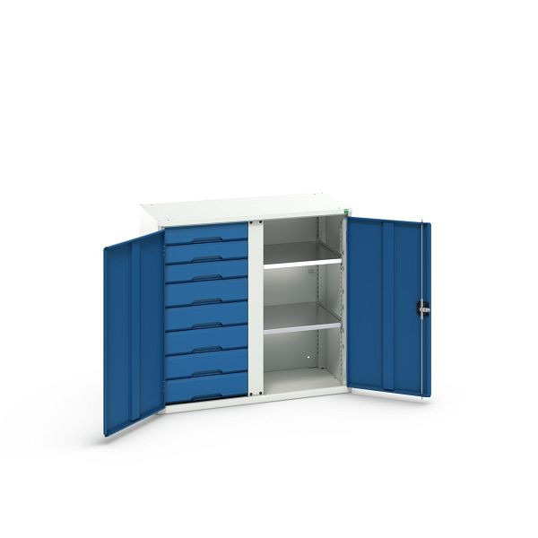 bott verso Flügeltürschrank mit Schubladen, mit 2 Fachböden und 8 Schubladen, 3x100mm/5x125mm, BxTxH: 1050x550x1000 mm, Lichtgrau/Enzianblau, 16926558.11