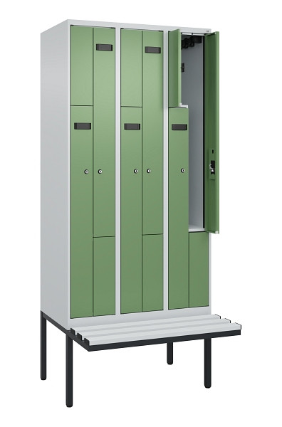 C+P Z-Spind Evolo PLUS, Bank, 6 Fächer, 2120x900x815mm, 7035/6011, Zylinderschloss, Material Sitzfläche Kunststoff, 0490437-306 S10091