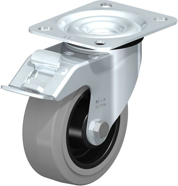 Blickle LE-POEV 100XR-FI-SG Stahlblech-Lenkrolle mit Anschraubplatte & Feststeller, Elastik-Vollgummi, Grau, 850102