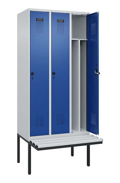 C+P Spind Evolo PLUS, 3 Abteile, 2120x900x815mm, 7035/5010, Haken 4, Drehriegel, Material Sitzfläche Kunststoff, 0490407-30F S10060