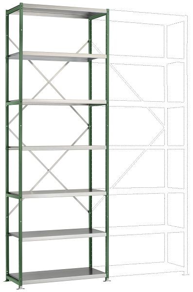 Manuflex Mittelschweres Fachboden-Steck-Grundregal mit 7 Stahlböden, HxBxT = 3000 x 1030 x 300 mm, resedagrün, RP1617.6011